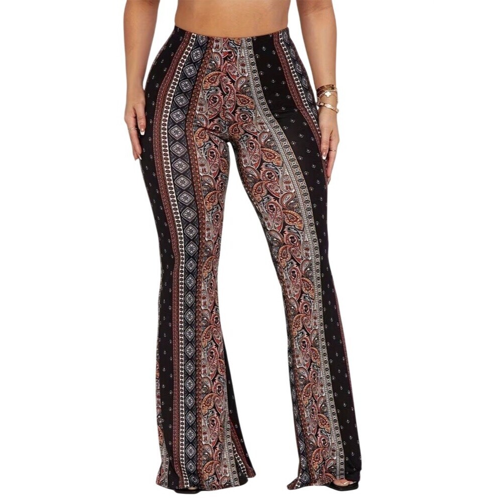 Y2k Women’s Red L Boho Paisley High Waist Flared Bell Bottoms Hippie Festive